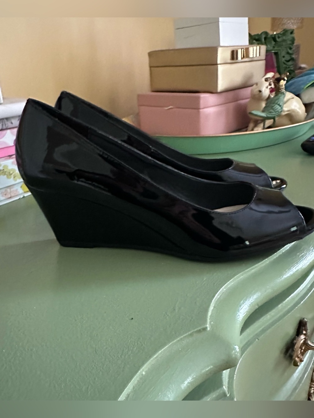 CL by Laundry Black Patent Peep-Toe Wedge Sandals Heels Shoes Size 10 - Picture 4 of 12